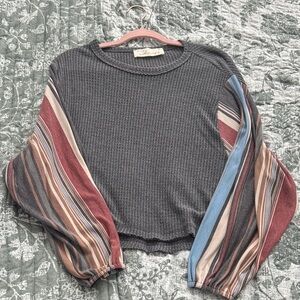 Vintage Havana Gray Top with Multicolor Striped Sleeves